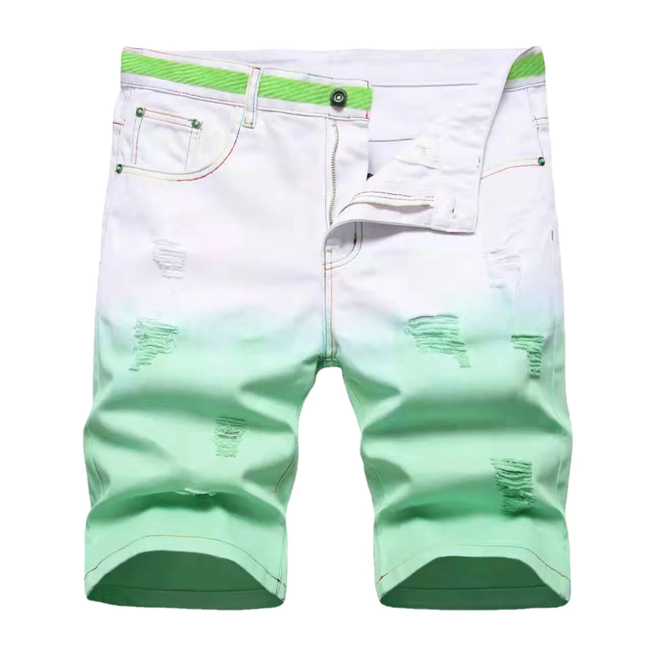 Mens Shorts Fashion Hole Gradient Grass Green Jeans Summer Knee Length Denim Pants Ropa Hombre