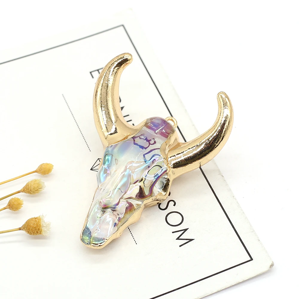 

Natural Stone Pendants OX Head Shape Golden Horn Colorful Crystal Gemstone Charms for Jewelry Making Women Necklace Gift