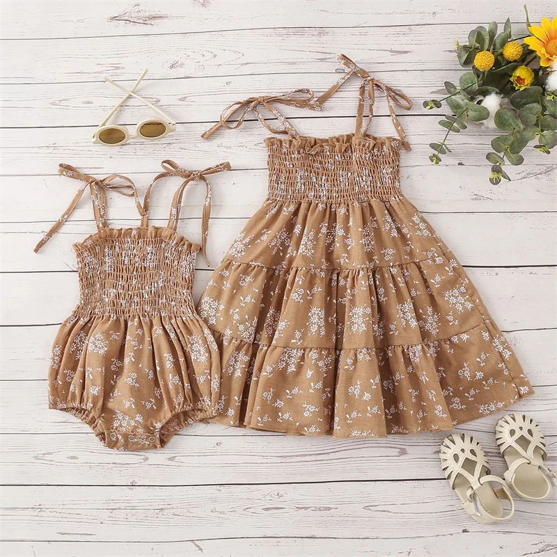 

Toddler Sister Matching Clothes Big Sister Sling Ruched Floral Knee-Length Dress Little Sister Snap Triangle Bottom Kids Romper