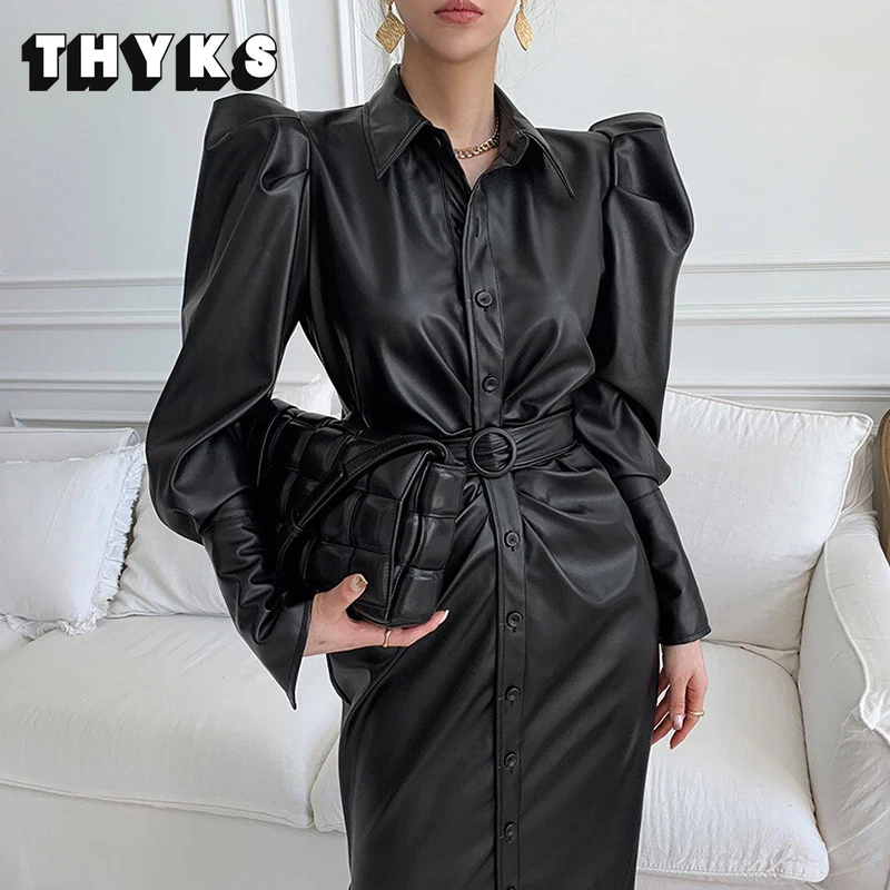 

Осеннее длинное платье-рубашка из мягкой черной искусственной кожи, женское однобортное платье-рубашка с длинным рукавом и пузырьковым поя...