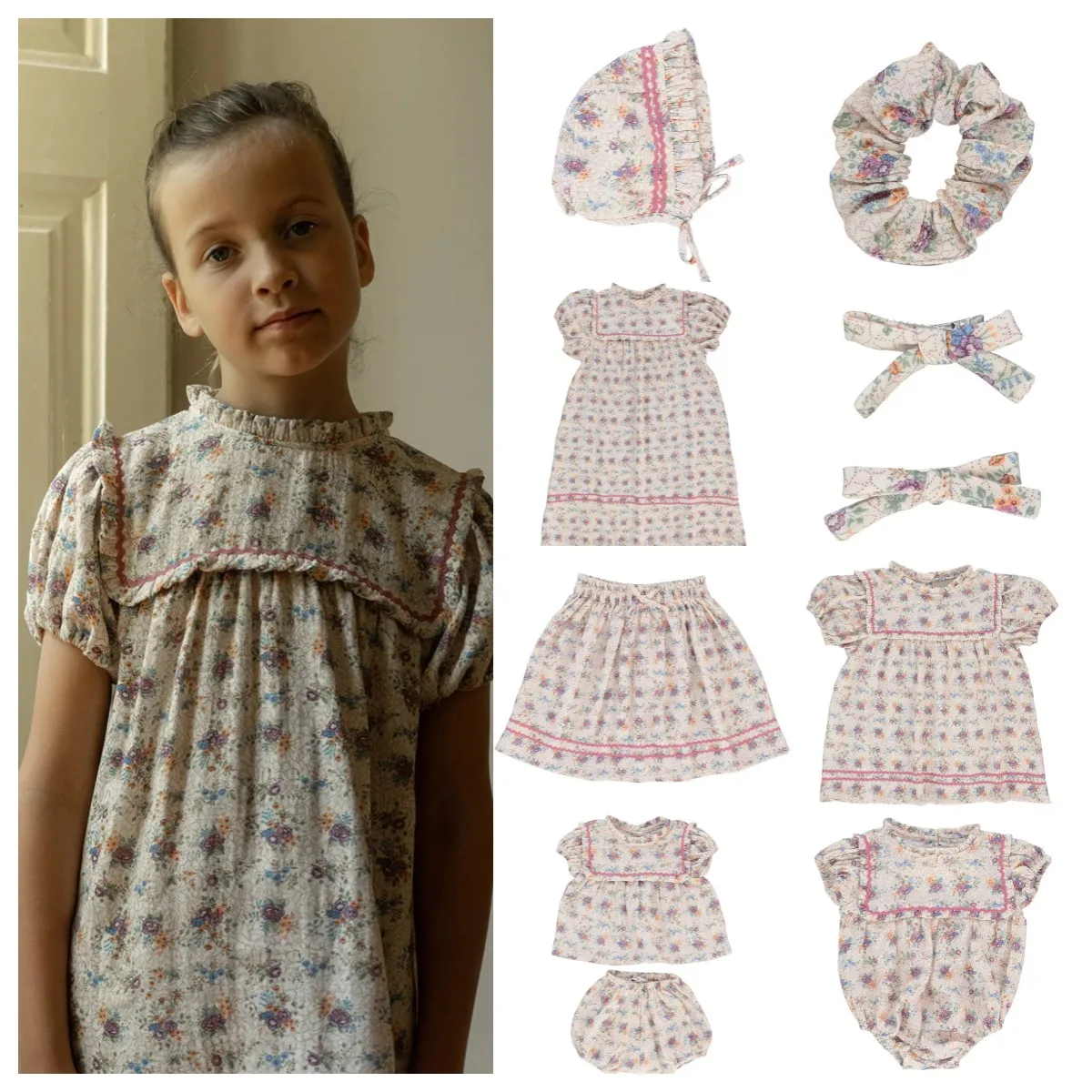 

Junior Girl Clothing 23 Summer New Children's Clothing Bebe Same Style Pink Edelweiss Series Short-sleeved Dress Top Suit Hat