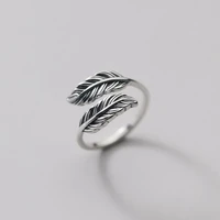 yizizai 2022 new french vintage thai silver feather ring for men adjustable simple leaf wishbone rings jewelry gifts wholesale