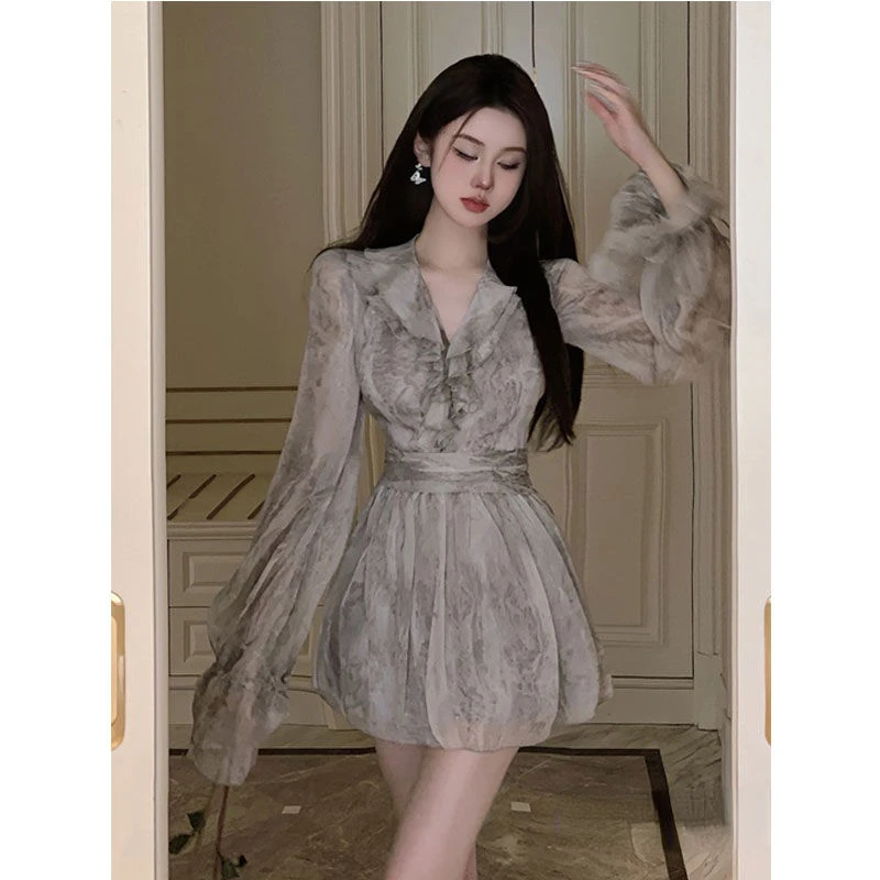 

Dress soft cool feeling print lotus leaf v-neck design summer waist gray chiffon long-sleeved skirt