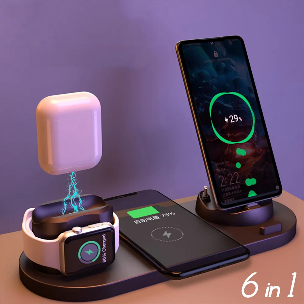 

Новое беспроводное зарядное устройство 6 в 1 для Apple Watch 6 5 4 3 iPhone 12 11 X XS XR 8 Airpods Pro Samsung Xiaomi 10 Вт Qi подставка для быстрой зарядки