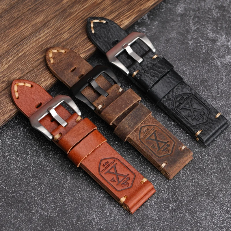 Handmade skull leather Watchband X-MEN Soldier Top Layer Leather Strap 20 22 24MM Compatible For PAM111 Soft Bracelet