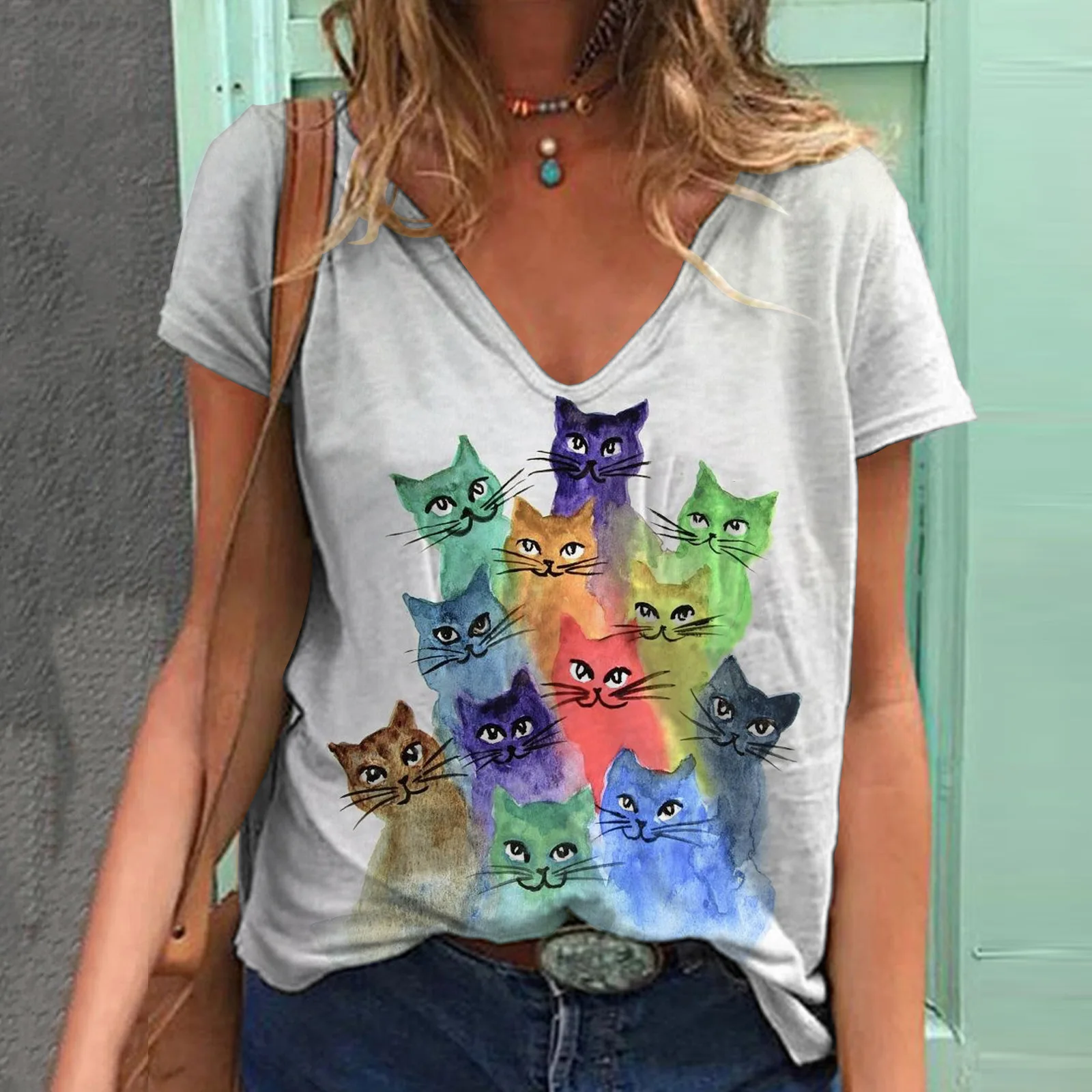 Fashion T-shirts For Women Catton Cat T Shirt Female Short Sleeve Print Casual Shirt Summer Oversized Tee Top V-neck Y2k Clothes images - 6