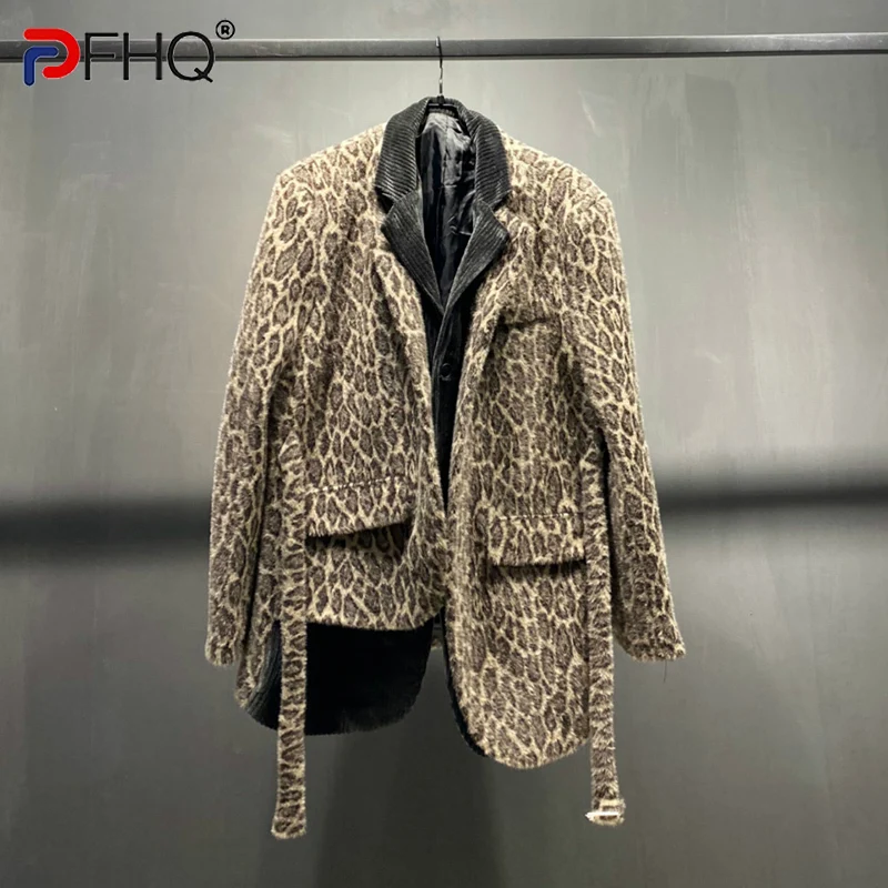 

PFHQ Леопардовый принт асимметричный подол дизайнерская мужская рубашка искусственная двойка пальто Высокое качество Элегантная модная куртка 2023 Блейзер Новинка