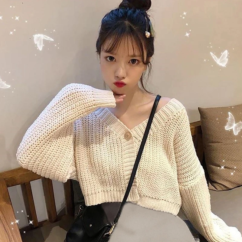 

Women Cropped Sweater Coat Long Sleeve V-Neck One Button Chunky Knit Solid Color Casual Loose Knitwear Cardigan for Jack L5YB