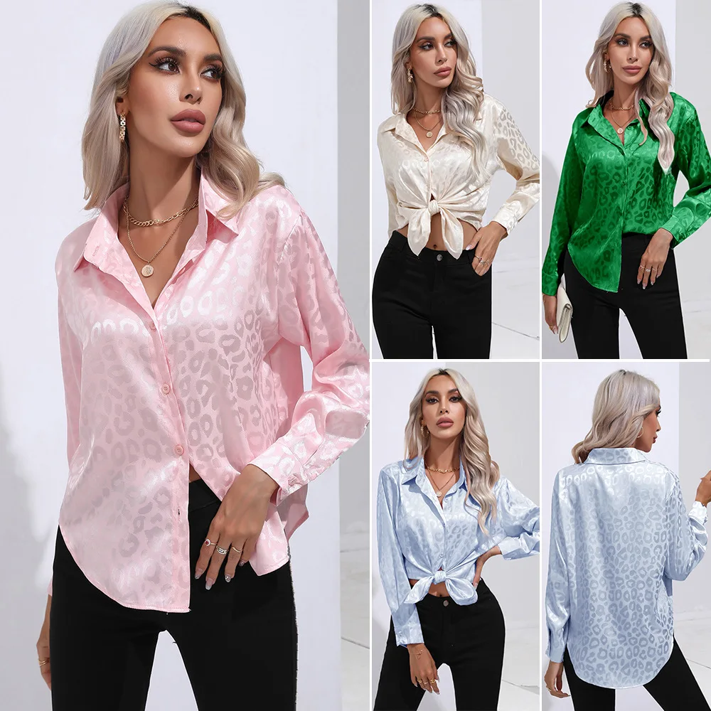 

Spring and Autumn New Women's Leopard Print Color Ding Shirt Female Satin Silk Long Sleeve Shirt Shirts for Women