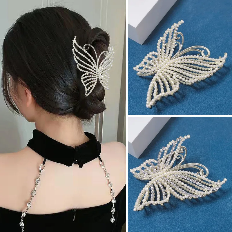 

Women Shiny Rhinestone Hair Claws Large Butterfly Hairpin Girls Sweet Crab Clips Pearl Hollow Hair Clip Claw Hair Grip Headwear