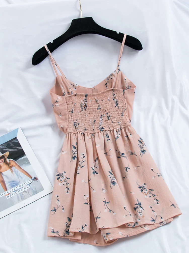 Women Sweet Floral Print Jumpsuits New 2020 Summer Sexy V Neck Spaghetti Strap Body Playsuit Woman Beach Chiffon Overalls Romper