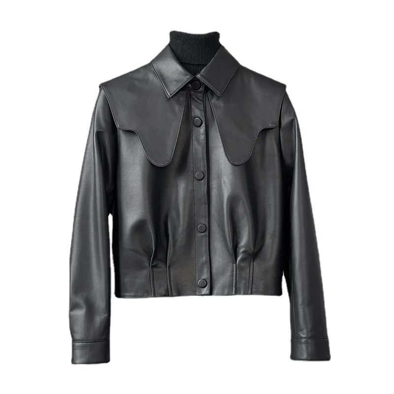 2022 Autumn Short Leather Jacket Female Navy Collar High Waist Sheepskin Jacket Young Sweet Women Leather Coat Y2k Style Top