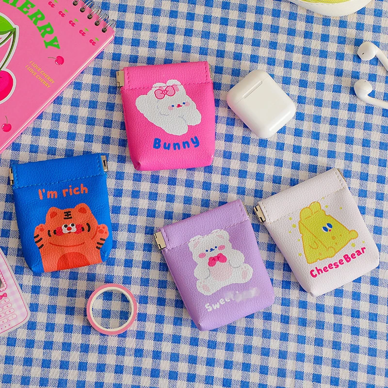 

Kawaii PU Leather Elastic Buckle Bag Sanitary Pad Storage Bag Cartoon Animal Print Coin Purse Makeup Organizer Card Holder