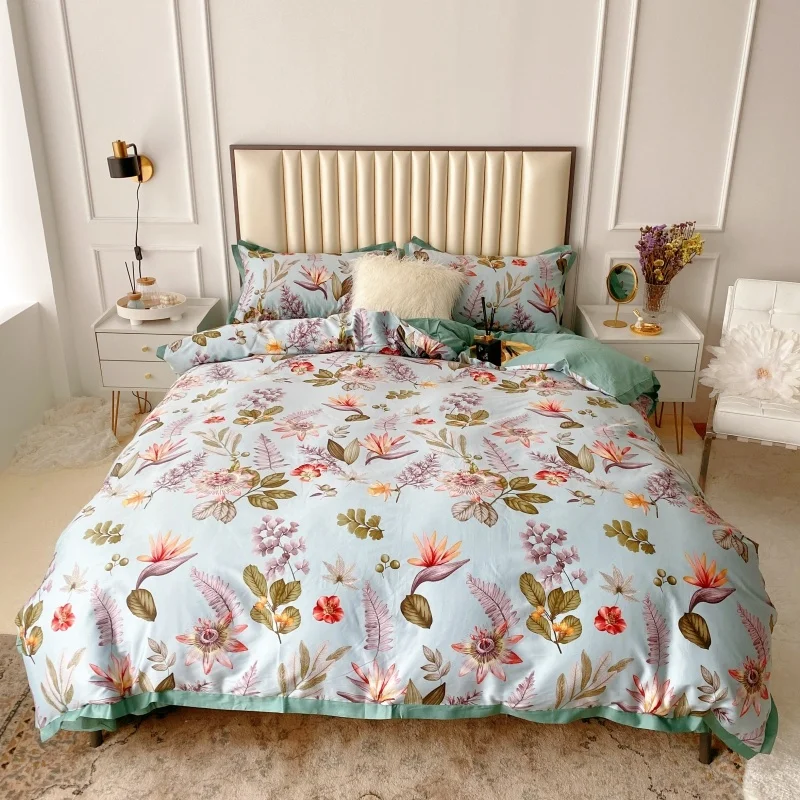 

Luxury 600TC Egyptian Cotton Plant Floral Printing Bedding Soft Satin Silky Double Duvet Cover Set Bed Sheet Pillow Shams