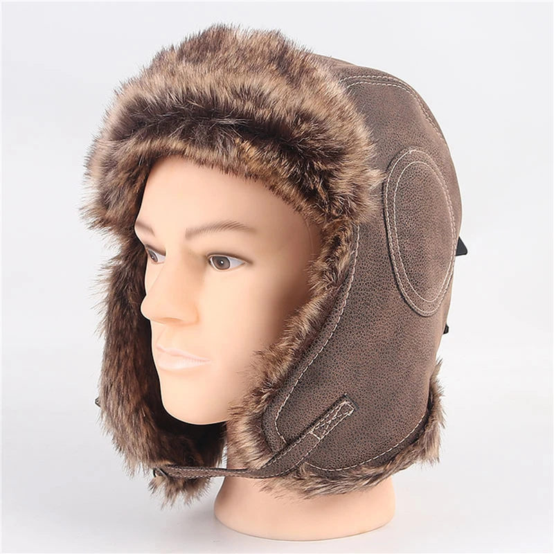 

Winter HatBomber Hats Winter Men Warm Russian Ushanka Hat With Ear Flap Pu Leather Fur Trapper Cap Earflap