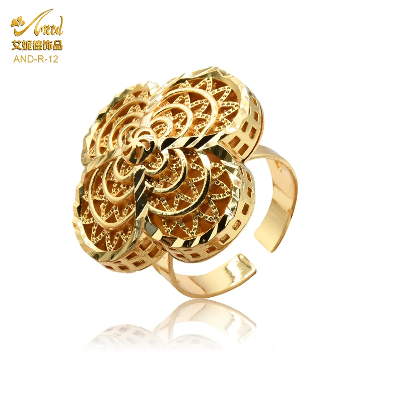 

24k Gold Rings Egyptian Wedding Party Flower Ring Resizable Nigerian Designer Luxury Retro Gold Accessories India Woman Gift