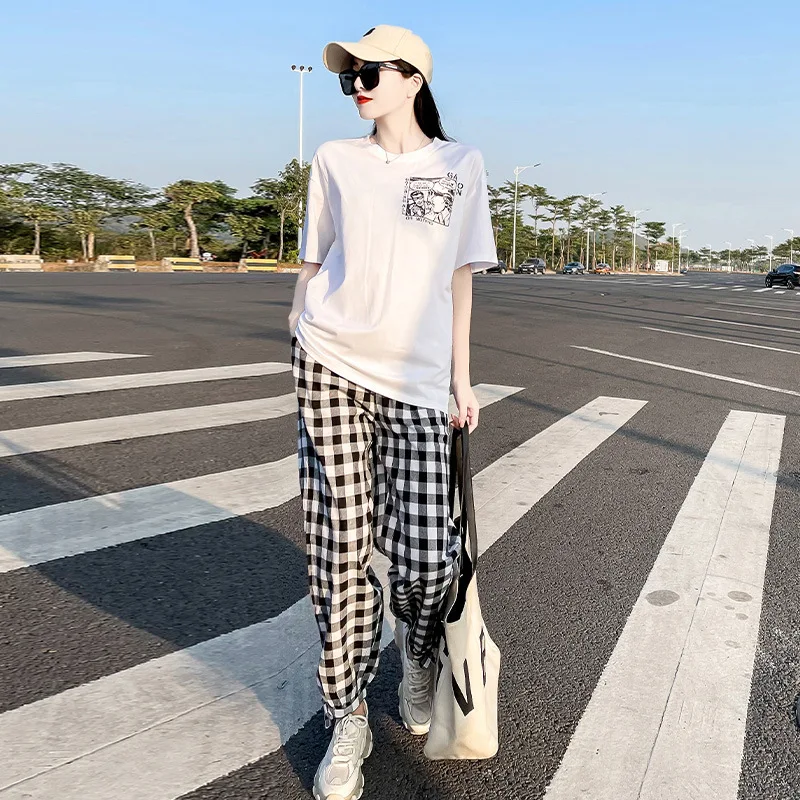 

Ladies Casual Sport Fashion Suit Set Short Sleeve Round-neck Top Casual Ladies Cool Print