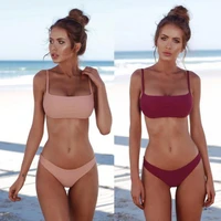 bikini set women bikini wireless swimwear bra solid color padded strap briefs beach set