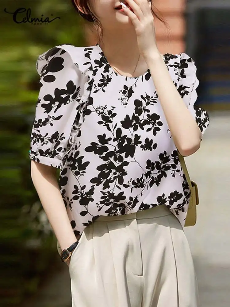 

Celmia Women 2022 Summer Blouses Elegant Lady Oversize Blusas Round Neck Floral Print Chemise Fashion Puff Sleeve Vintage Tops