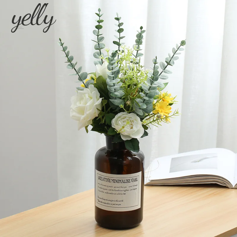 

Nordic Artificial Plants Flowers Eucalyptus Leaf Wedding Living Room Table Decor Rose Bouquet Hand Bouquets Home Accessories