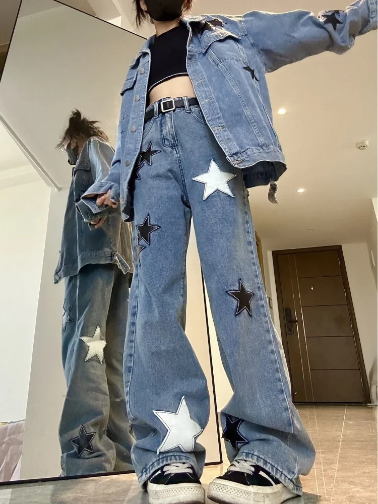 Deeptown Y2k American Retro Denim Pants Women Vintage Gothic Goth Punk Star Print Straight Trousers 2023 Autumn Fashion New In
