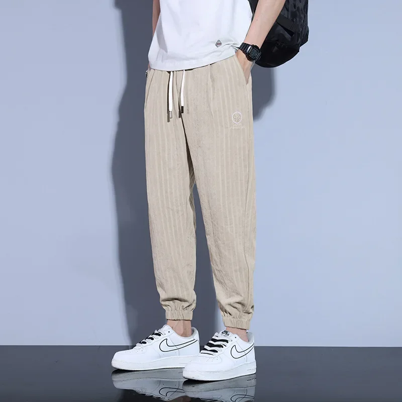 Мужские летние повседневные брюки из ледяного шелка прямые свободного кроя