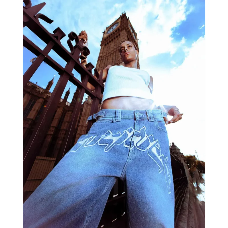 Модные мешковатые синие джинсы Y2K в американском стиле повседневные прямые