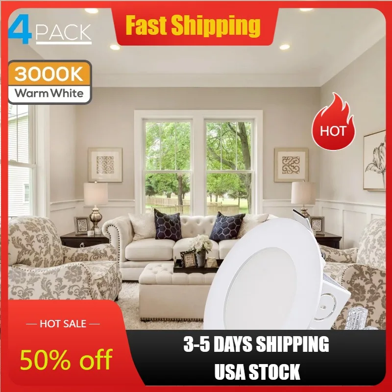 

4Pack Ultra-Thin 4inch LED Recessed Downlight with J-Box, Dimmable Integrated Retrofit, 9W(65W Eqv.), 3000K Warm White