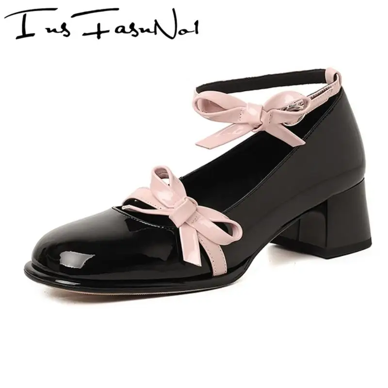 

Sweet Marry Janes Pink Butterfly Knot Ankle Strap Women Pumps Genuine Leather Square Heels Lolita Girls Concise Female Shoes