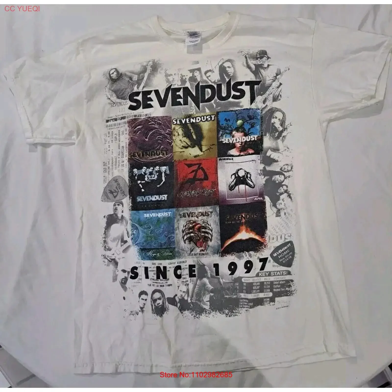 Фото Винтажная футболка VTG 1997 Sevendust Band, белая, размеры S-5XL, CL726, с эффектом потертости, дышащая, повседневная, модная, мягкая дизайнерская одежда, слегка потертая. №1