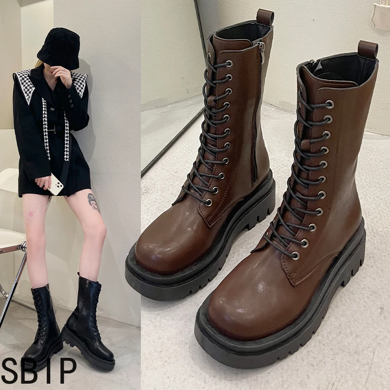 

Brown Martin Boots Women's Thin British Style Thick Bottom Heightened Trendy Mid Waist Motorcycle Boots Platform Boots Women