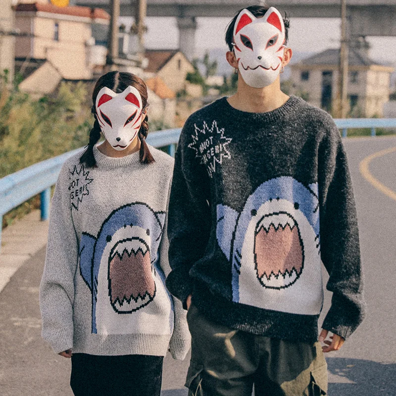 

New Couple Sweater Cartoon Shark Casual Loose Hip Hop Knit Pullover Autumn Winter Oversized Sweater Unisex Pullover Tops Men