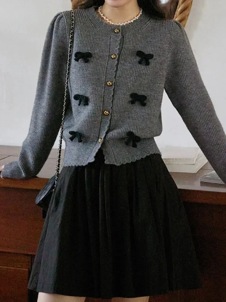 Женский Винтажный Белый Кардиган С Бантом Вязаная Куртка В Консервативном Стиле