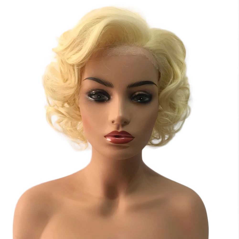 heat resistant fiber Beige short wavy Bob Lace Front Wigs 12 inches Swiss Lace costume wigs with Bangs