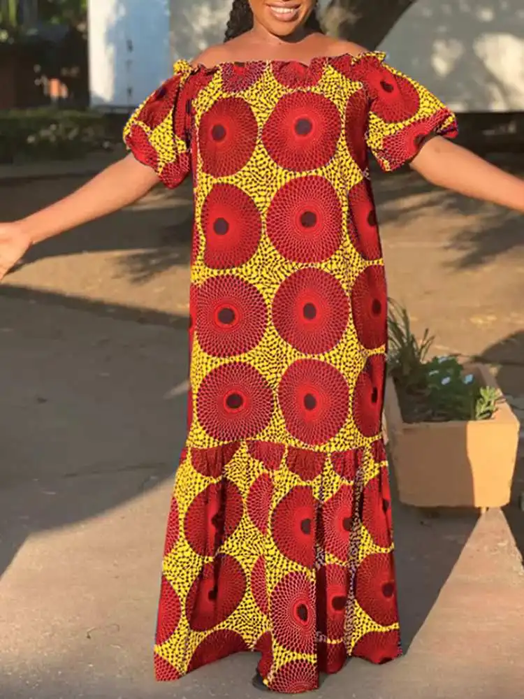 

VONDA 2022 Sexy Strapless Dress Oversized Summer Women Short Sleeve Printed Maxi Dresses Off Shoulder Robe Femme Casual Vestido