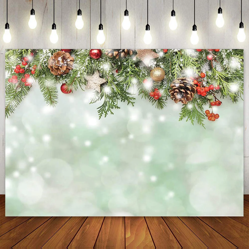 Winter Bokeh Green Xmas Backdrop Snow Pine Leaves Christmas Party Decor Banner Baby Shower Kids Newborn Photography Background