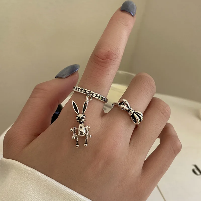 

Vintage Silver Color Rabbit Rings for Women Trendy Design Cute Bowknot Pendant Couple Finger Ring Party Jewelry Birthday Gifts