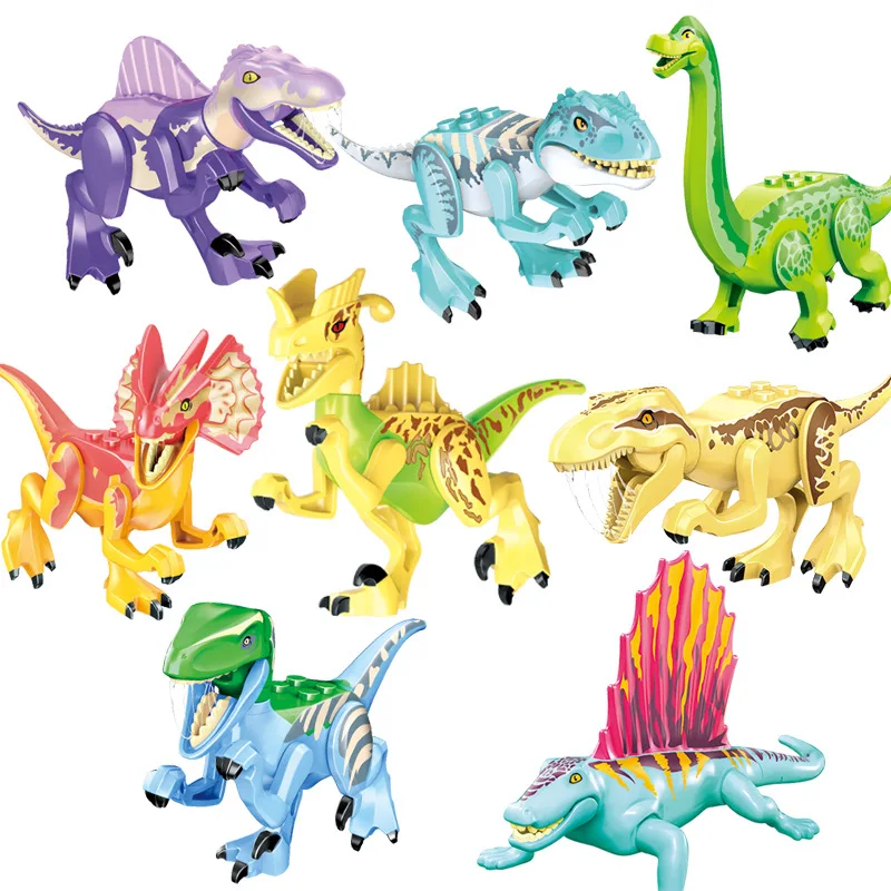 Bloques de construcción de dinosaurios para niños, juguetes de modelismo de dinosaurios jurásicos, Tiranosaurio Rex Wyvern Velociraptor Stegosaurus, 8 unids/lote