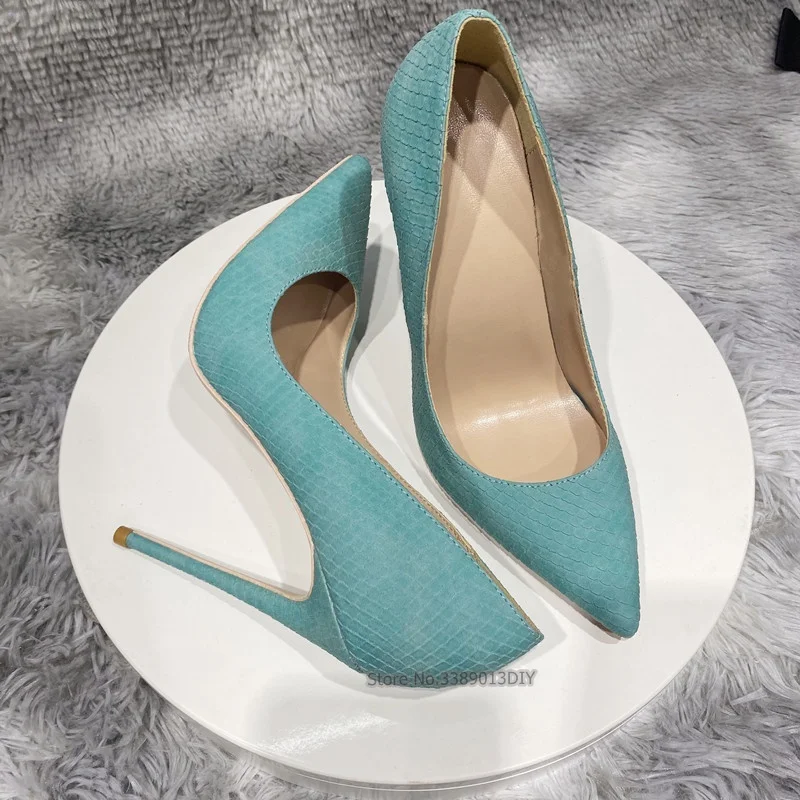 Blue Purple Snakeskin Pattern Leather Pointy Toe Silver High Heels Pumps Women Dress Shoes Stilettos Party Shoes 8Cm Heels