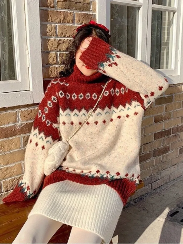 HOUZHOU Harajuku водолазка рождественские свитера женские винтажные трикотажные