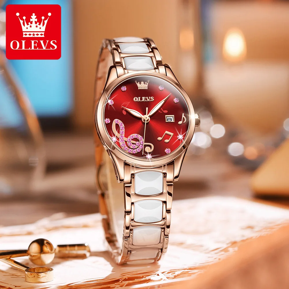 OLEVS Brands Ladies Luxury Ceramic Quartz Watch Bracelet Necklace Suit Fashion Rhinestone Waterproof Calendar Women Wirstwatch