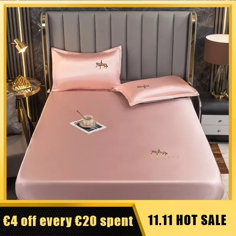 

Luxury Satin Silk Elastic Fitted Sheet Summer Double Bedsheet Solid Embroidery Bedding Mattress Protector Cover Queen King Size