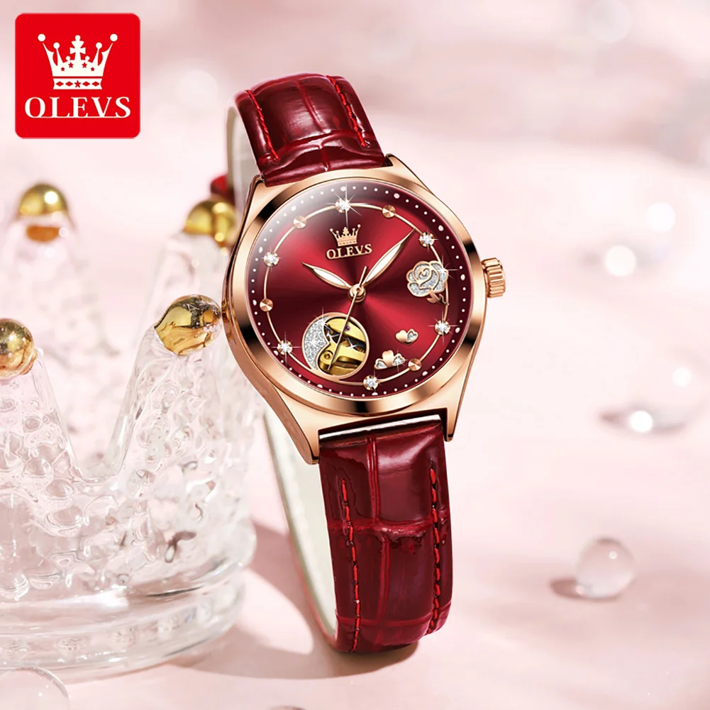

OLEVS New Luxury Women's Skeleton Mechanical Watch Genuine Leather Strap Diamond-set Automatic Women Watch Relógio Feminino