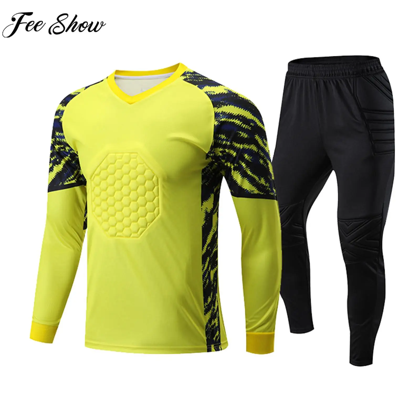 

Child Boys Soccer Goalkeeper Costume Set Football Traning Match Uniform Protective Padded Sport Suit Long Sleeve Top with Pants