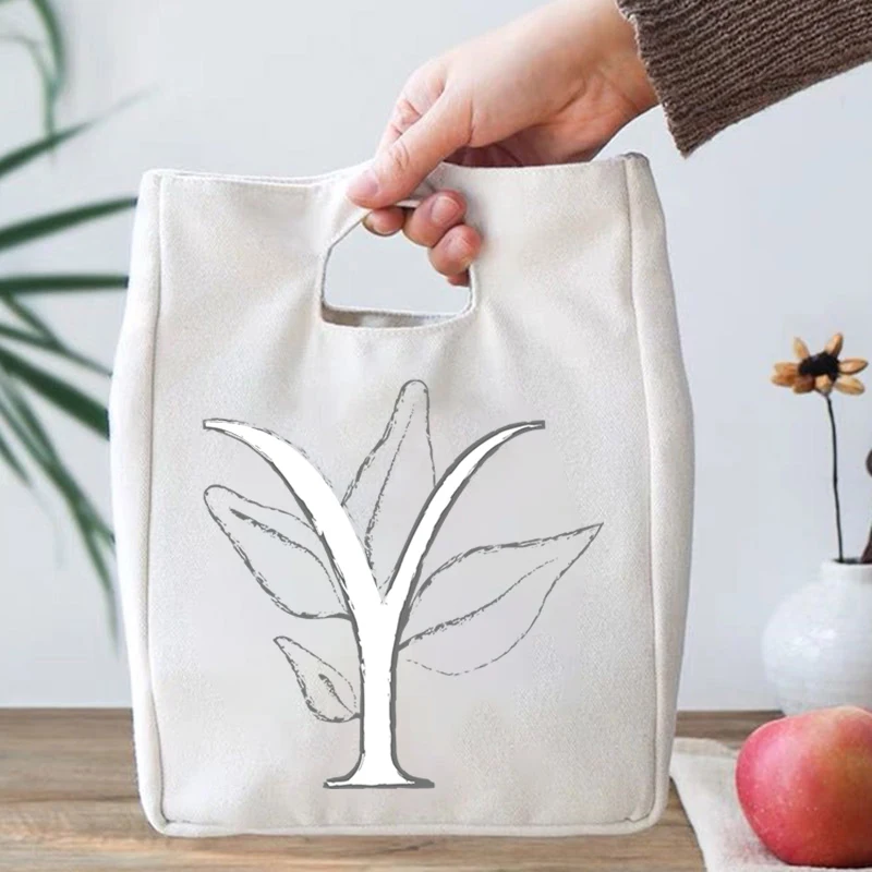 

Floral White Alphabet Print Portable Lunch Bag Thermal Insulated Lunch Tote Cooler Bento Pouch Container Food Storage Handbag