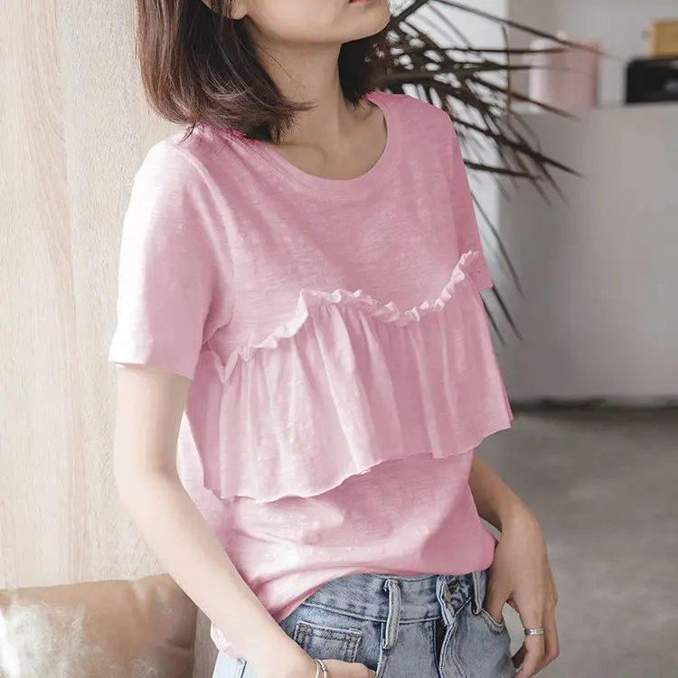 Summer short-sleeved shirt women's new loose  lotus leaf top round neck half-sleeve slub cotton bottoming shirt  Casual