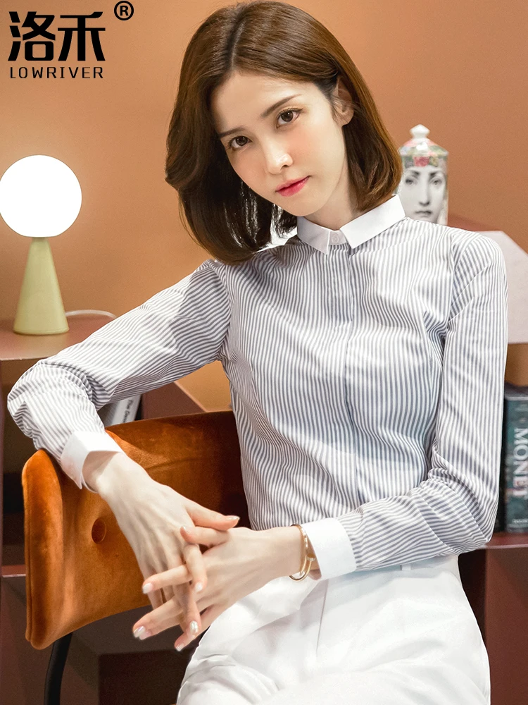 Blue and White Vertical Stripes Shirts Women's Long Sleeve 2024 Spring Autumn New Design Sense Top Patchwork Contra...