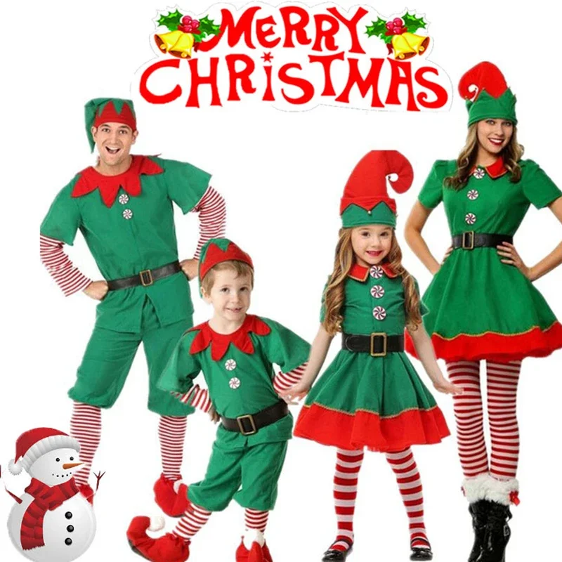 

Boys Girls Christmas Elf Costume Kids Adults Xmas Santa Claus Green Elf Dress For Family Matching Outfits Cosplay Clothing Sets