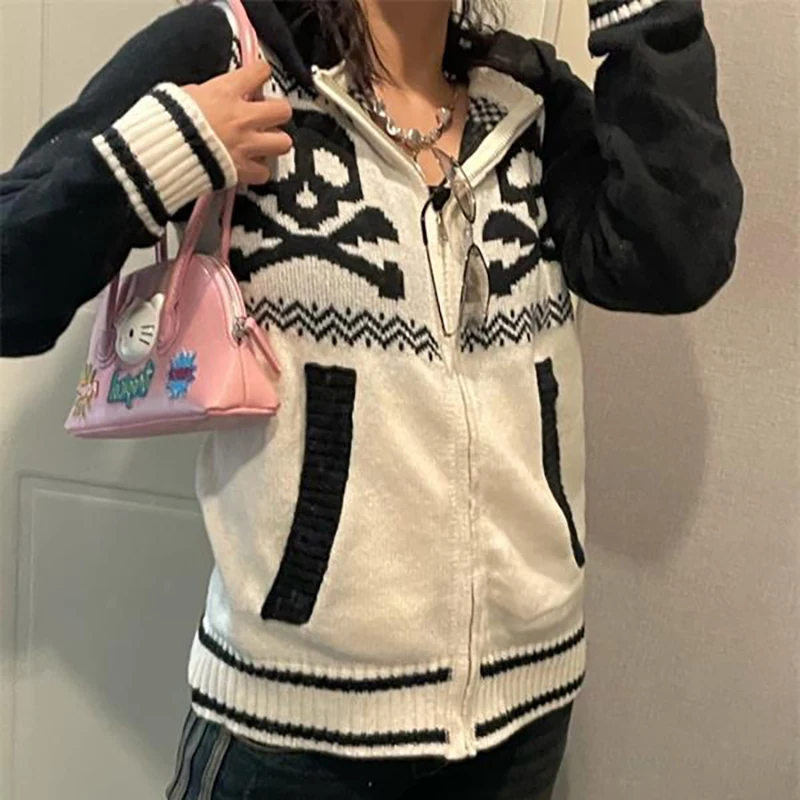 Свитеры с капюшоном и черепом пуловер на молнии в стиле Харадзюку женская зимняя