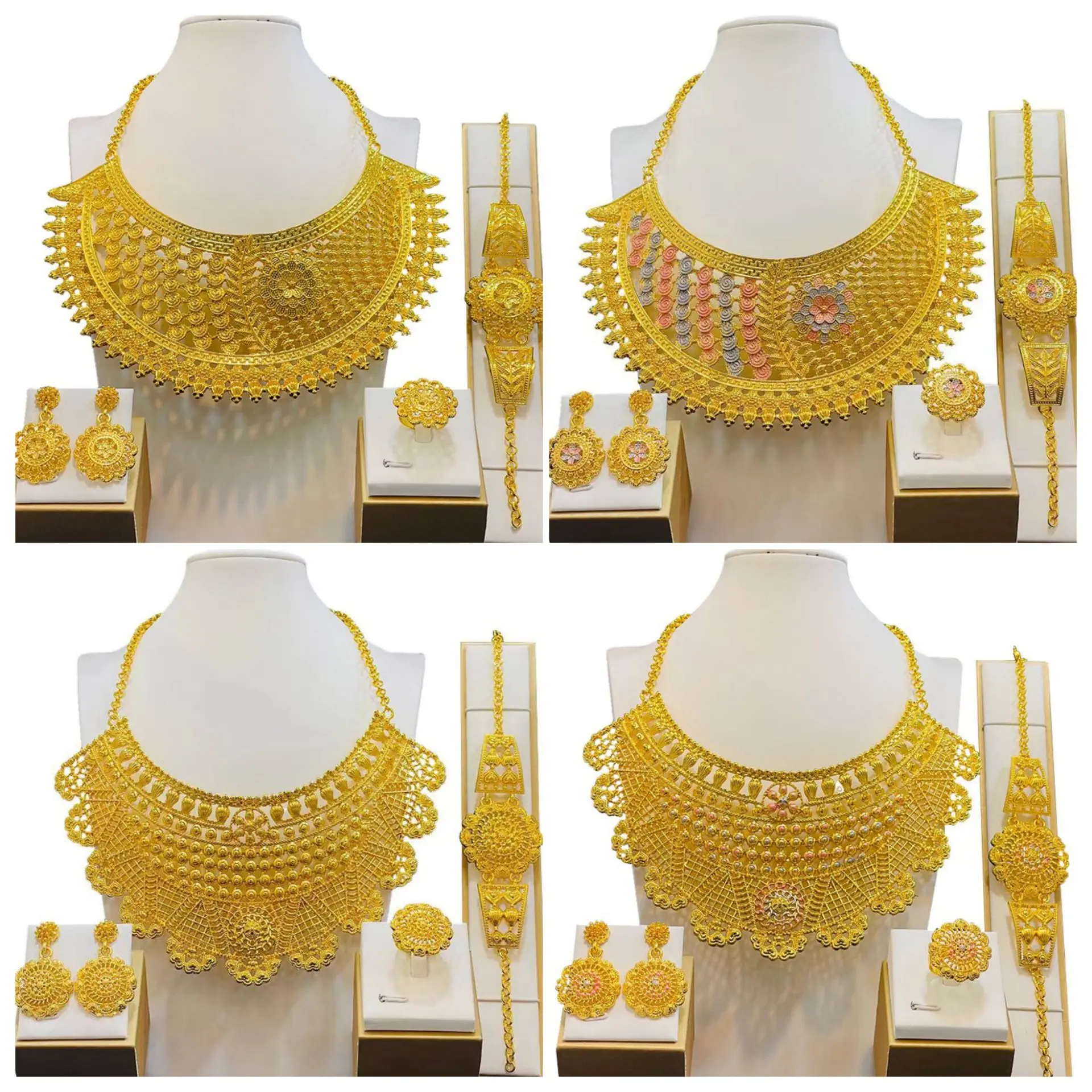 

24K Gold 4PCS Color Jewelry Sets For Women Necklace Earrings Dubai African Indian Bridal Accessory Flowers Gift Thailand Vietnam